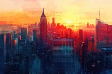 Fototapeta premium New york city skyline painted with vibrant colors at sunset