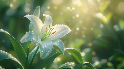 Fototapeta premium Pristine white lily with glistening morning dew against soft bokeh garden background