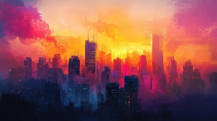 Fototapeta premium Vivid artistic rendering of a city skyline during sunset