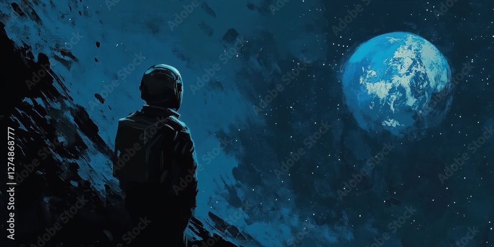 Wall mural astronaut stands on moon looking at earth in space