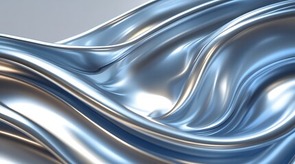 Abstract metallic silver and blue fluid waves with a smooth reflective surface. Futuristic liquid metal texture with dynamic flowing shapes, creating a sleek and modern aesthetic

