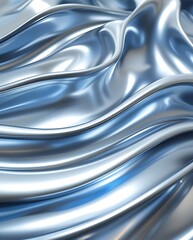 Abstract metallic silver and blue fluid waves with a smooth reflective surface. Futuristic liquid metal texture with dynamic flowing shapes, creating a sleek and modern aesthetic


