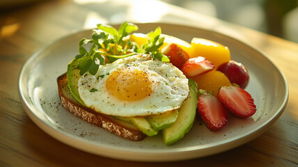 アボカドトーストとフルーツが彩るヘルシーな.
