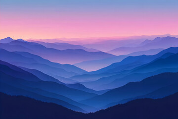 Fototapeta premium Serene sunrise over layered blue mountains; peaceful landscape for travel brochures