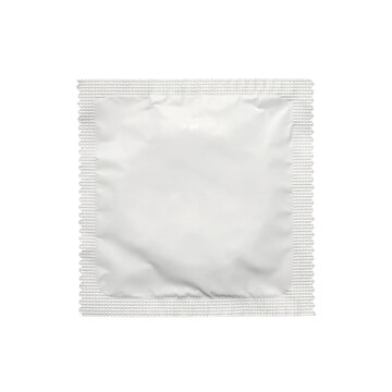 A white sealed foil condom wrapper isolated on a clean white background, ideal for health, safe sex, and lifestyle-related stock photography