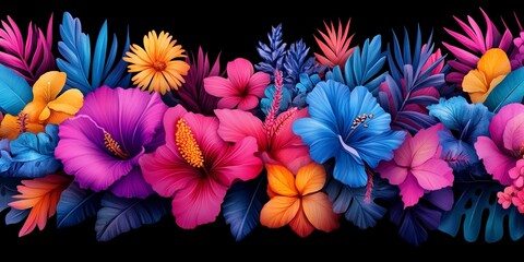 Tropical Bloom Border: A vibrant and vivid horizontal floral border, bursting with a kaleidoscope of colorful tropical flowers and lush foliage, against a dark background.