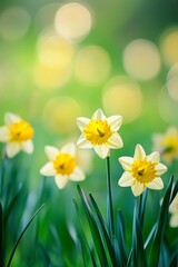 Spring daffodils blooming in garden, bokeh background, greeting card