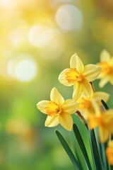 Naklejka premium Spring daffodils blooming in garden sunlight
