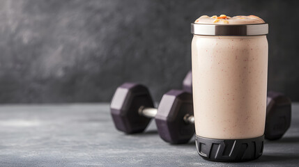 Whey protein shake in jar beside dumbbells, symbolizing strength and fitness