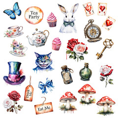Big set of Wonderland vector illustrations.  Watercolor white rabbit, cat,  hat, key, clock, tea cup, rose, mushrooms  and other isolated on a white background