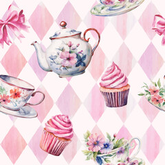 Wonderland seamless pattern of tea party. Watercolor tea cup, teapot, flowers, cakes on pink watercolor checkered background. Vector illustration. Texture for fabric, wrapping, wallpaper, print
