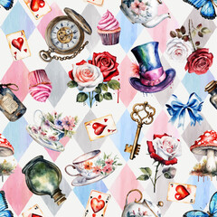 Watercolor red and white roses, poison, hat, cards on checkered background. Wonderland seamless pattern of Mad Hatter. Vector illustration. Texture for fabric, wrapping, wallpaper, print