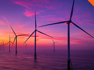Whispers of Power: A mesmerizing seascape unfolds, with rows of wind turbines gracefully reaching towards a breathtaking sunset.