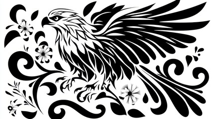 Obraz premium Intricate Black and White Illustration of a Hawk Among Floral Design