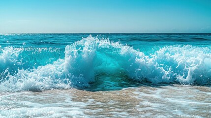 Obraz premium Serene Ocean Waves Crashing Gently on Sandy Shore Under Bright Clear Sky in Tropical Paradise