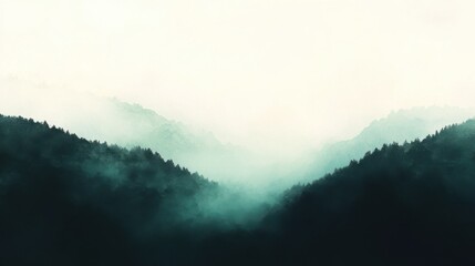Obraz premium Serene Misty Mountainscape: Ethereal Fog Envelops Lush Green Valleys and Peak Summits at Dawn