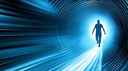Person Running Towards Bright Light in Dynamic Tunnel Space
