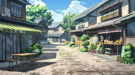 Fototapeta premium Tranquil Japanese shopping street with traditional storefronts, awnings, and potted plants on sunny summer day, rendered in anime visual novel style. Peaceful neighborhood game background concept.