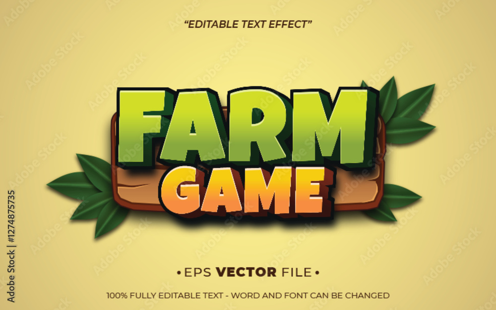 Fototapete farm game text effect editable 3d playful vector for game