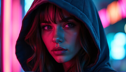 A young woman wearing a luminescent hooded jacket in this cyberpunk portrait, reflecting blue and purple lights against the damp city streets.
