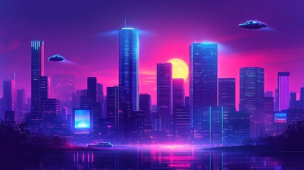 Futuristic Urban Landscape at Sunset with Neon Lights and Flying Objects in a Vibrant City Setting