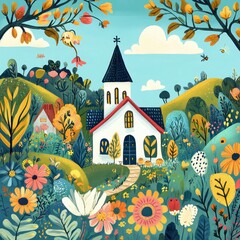 Charming church nestled in a colorful landscape with whimsical flowers