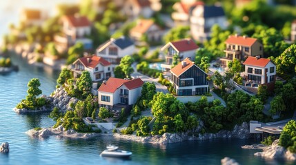 Fototapeta premium Coastal village sunrise, luxury homes