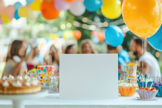Colorful outdoor birthday party celebration with sweets and decorations for guests on a sunny day
