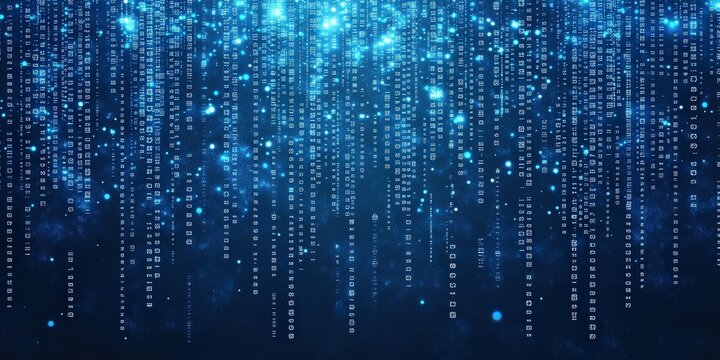 Flowing streams of falling digital data in a dark blue futuristic matrix setting, used for backgrounds