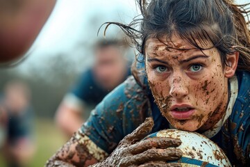 Intense rugby practice on a muddy field during overcast weather with focused players wearing blue jerseys