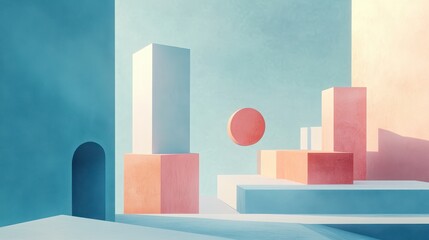 Abstract architectural scene showcasing geometric shapes and pastel colors