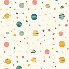 Whimsical space pattern with planets and stars on light background