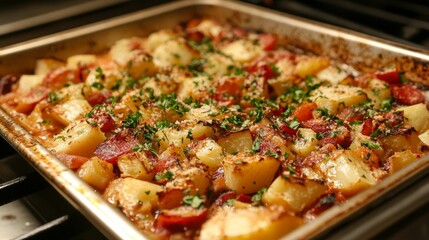 A baked dish of potatoes and sausage garnished with herbs, ready to serve.
