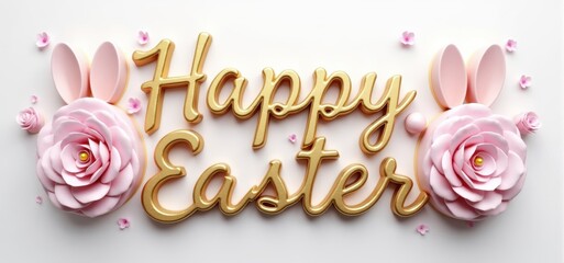 Gold Lettering "Happy Easter" with Pink Roses and Bunny Ears