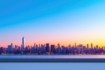 Naklejka premium Stunning panoramic view of a city skyline at sunset, showcasing skyscrapers and a tranquil waterfront.