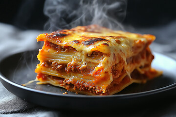 Delicious Steaming Lasagna on Dark Plate