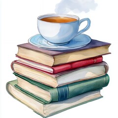 Naklejka premium Stack of Colorful Books with a White Cup of Hot Tea on Top and Steam Rising