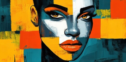 Painted portrait of a woman with geometric color blocks