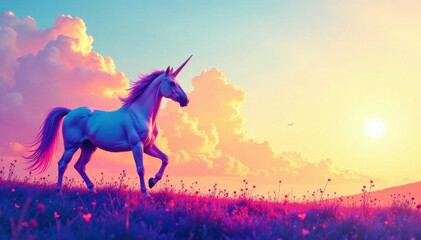 Naklejka premium Vibrant watercolor vector unicorn silhouette against gradient sky , fantastical scene, digital art, vibrant colors