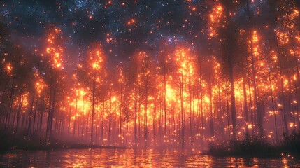 Forest fire at night by a lake