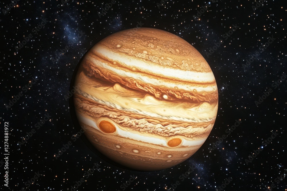 Wall mural photorealistic gas giant planet with prominent ring system floating in starlit void, detailed surfac
