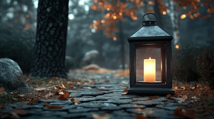 Cozy Lantern Illuminating Forest Path with Autumn Leaves and Soft Candlelight Glow