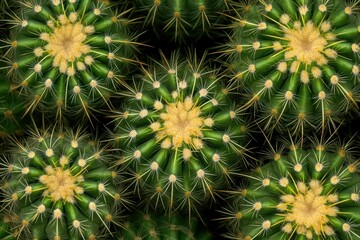 Close-Up View of Vibrant Green Cacti with Spiky Yellow Spines in a Natural Desert Setting