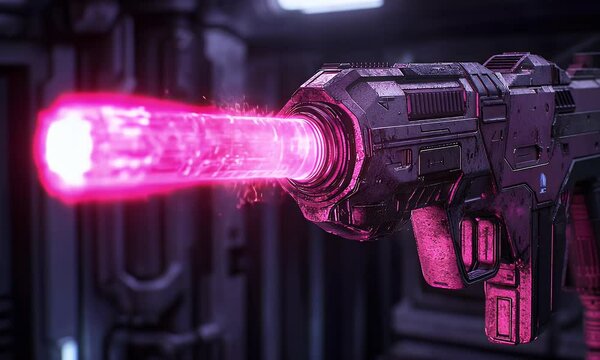 Pink laser gun firing futuristic sci-fi scene
