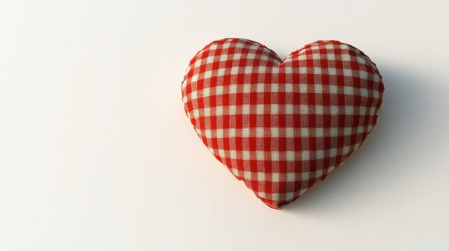 Soft Red Checkerboard Heart Shaped Cushion on White Background
