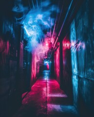 Obraz premium A dimly lit hallway with vibrant pink and blue lights, shrouded in mist, creating an eerie and atmospheric ambiance.