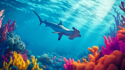 Obraz premium A graceful hammerhead shark gliding smoothly through vibrant coral reefs illuminated by dappled sunlight seeping through clear blue ocean waters