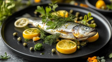 A beautifully arranged dish featuring a whole fish garnished with herbs and lemon slices.