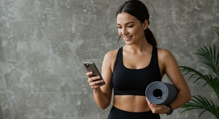 Smiling woman dressed in workout clothes checks her phone while holding a yoga mat indoors.

