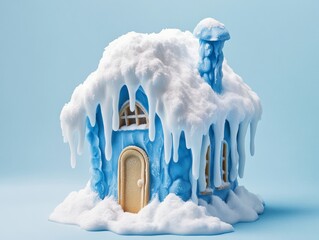 Snowy blue house model, melting icicles, studio backdrop, winter insurance ad